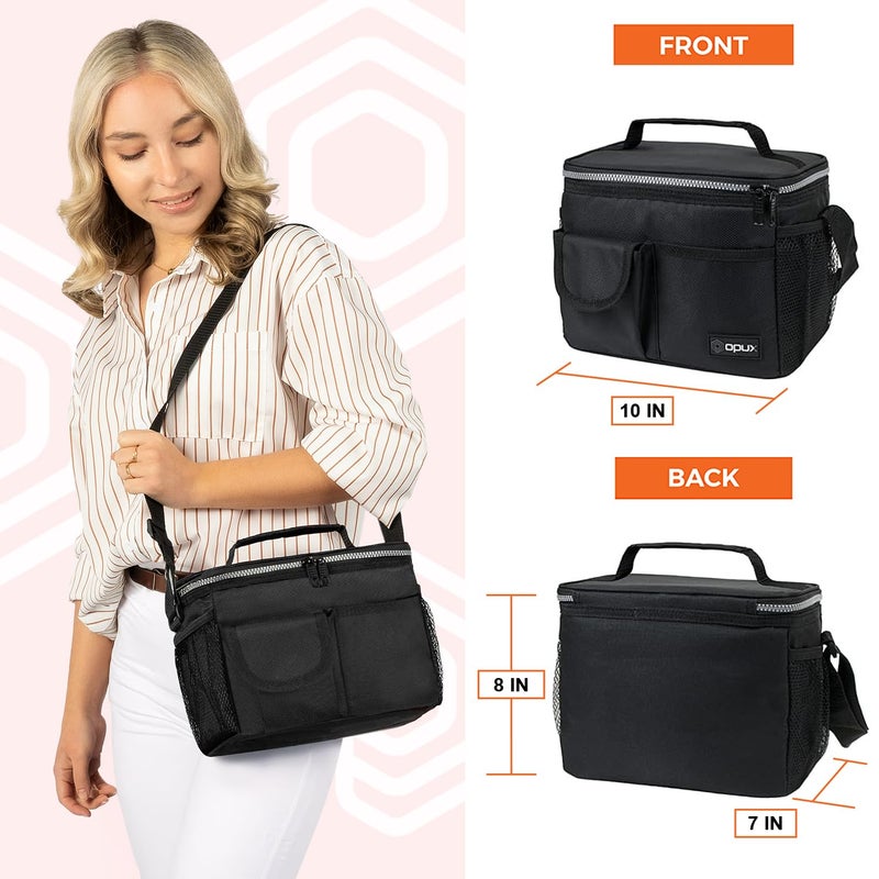 opux Insulated Lunch Bag for Men Women, Leakproof Black Lunch Box for Work, Portable Soft Lunch Cooler Bag with Shoulder Strap, Adult Lunchbox Lunch Pail for Kid Boy Girl School, 14 Can/8L - Image 3